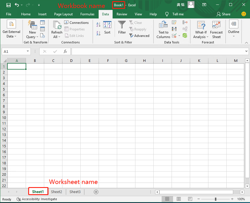 **Figure 81: The workbook and worksheet of Excel**