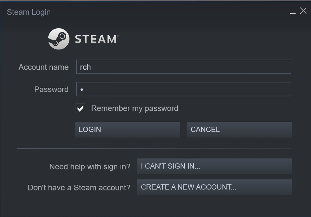 Login dialog box for Steam