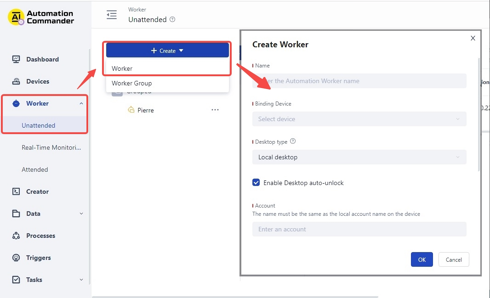 Create a instance of a process robot through the Laiye Automation Commander