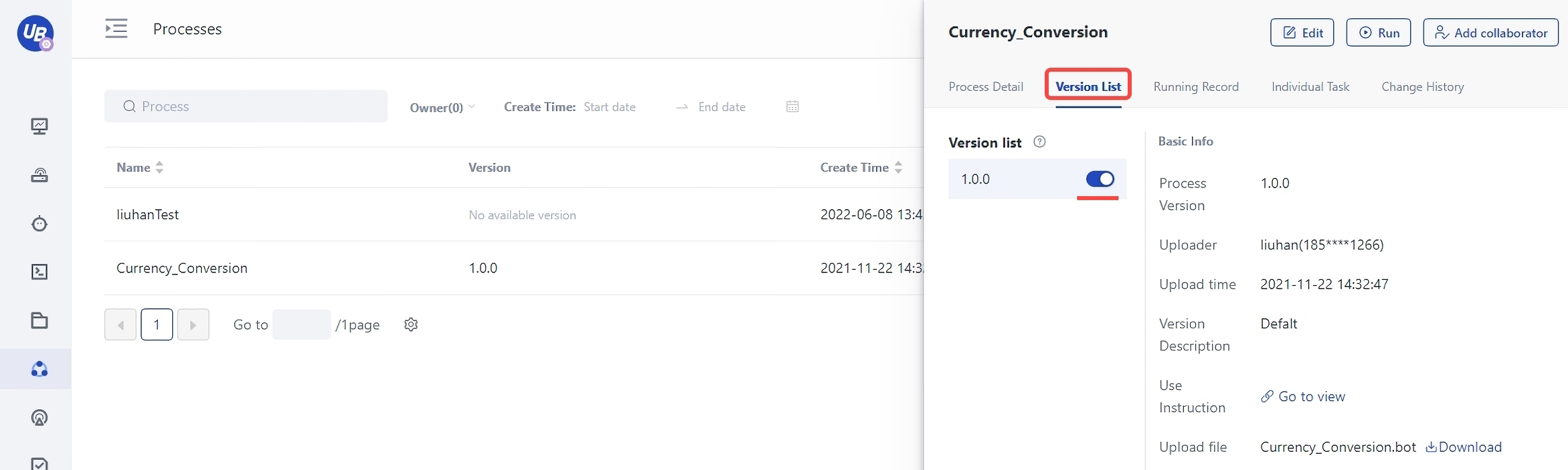 Enable a version of the process on the Laiye Automation Commander